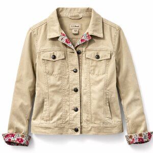 LL Bean Khaki Utility Chore Jacket Cotton Button Front Floral Cuffs Size S